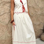 Sunny Day Linen Blend Contrast Embroidered Print Smocked Waist A-line Maxi Skirt