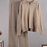 Nadorine Casual Two-Pieces Outfits Lapel V Neck Sweater and Trousers Sets