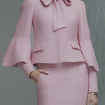 Elegant Neckline Bow Tie Trumpet Sleeve Jacket Skirt Tweed Set