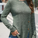 Street Solid Buttons O Neck Tops