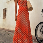 Orange Short Sleeve Regular Print Long Suspender Dress