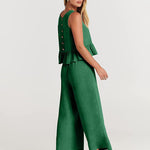 Nadorine 2 Piece Outfits Sleeveless Ruffle Tank Crop Top and Wide Leg Pants Lounge Set with Pockets