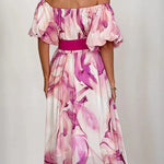Floral Print Elegant Puff Sleeve Tie-Waist Midi Dress