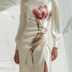 Long Sleeves Flower Print Pleated Split-Side Round-Neck Maxi Dresses