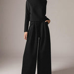 Lounge Set Casual Long Sleeve Crop Pullover Top High Waist Wide Leg Pants Two Pieces Suits