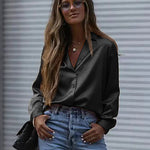 Nadorine Long Sleeve Shirts Casual Lapel Collar V Neck Single Breasted Tunic Blouse
