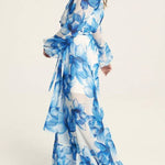 Island Girl Floral Print V-neck Long Sleeve Tie Slit Holiday Maxi Dress