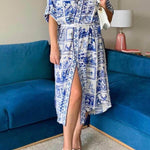 Unique Greek Floral Print Button-Front Midi Dress