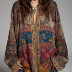 Bohemian-style Printed Blouse With A Front Zipper And Lace Trim