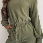 Pickle Green Corded Long Sleeve Pockets Drawstring Romper