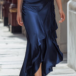 Navy Satin Halter Draped Maxi Dress With Ruffle Detail