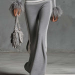Retro Fashion Sporty Gray Knitted Feather Cuffs High-neck Top And Slim-fit Flared Pants Suit