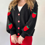 Nadorine Women's Casual Two Pieces Sets Strawberry Pattern Sweater Cardigan and Long Pants