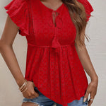 Nadorine Eyelet Tie-Neck Flutter-Sleeve Top Solid Color Casual Blouse for Women Casual Work Office Loose Fit 2026 | Under $40