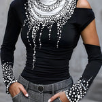 Long Sleeves Skinny Hollow Printed High Neck T-Shirts Tops