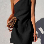 Margovil One Shoulder Solid Cotton Linen Mini Dress