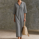 Casual Sporty Retro Black And White Striped Pure Cotton Hooded Midi Dress