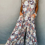 Sky Blue Floral Sleeveless Pocketed Wide Leg Jumpsuit