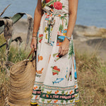 Summer Vibes Linen Blend Unique Print Smocked Belt Midi Dress