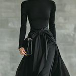 Women's Black High-Neck High-Stretch Knitted And Satin Flared Maxi Dress