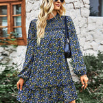 Long Sleeve Dress Boho Floral Ruffle High Neck Mini Dress Casual Loose Pleated Flowy Dresses