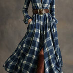 French retro waist long sleeve chiffon dress