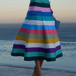 A-Line Loose Belted Contrast Color Split-Joint Striped Skirts Bottoms