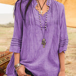 Nadorine Solid V-Neck Tees Lace Splicing Fold Blouse Flowy Casual Loose Fit Shirt