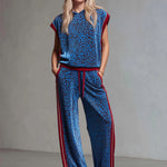 Leopard Print Hooded Sleeveless Top And Velvet Trousers Set
