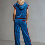 Leopard Print Hooded Sleeveless Top And Velvet Trousers Set