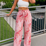 Women's Tie Dye Print Pleated Wide Leg Pants High Waisted Flowy Palazzo Pants Drawstring Lounge Pants with Pockets