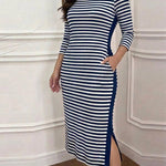 Women's Casual Striped Midi Dress Long Sleeve Crewneck Contrast Side Panel Side Slit T-Shirt Knit Dress with Pockets