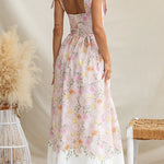 Adjustable Tie Straps Waisted Floral Print Maxi Dress