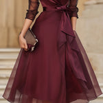 Elegant Wrap Midi Dress With Sheer Sleeves
