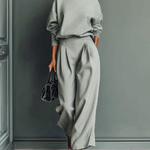 Women's Grey Blended Sweatshirt Wide-Leg Pants Set