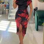 Women's Floral Print Skew Neck Mid-length Dress Ruched Wrapped Slit Bodycon Dress Elegant Party Cocktail Evening Gown