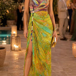 V Neck Sleeveless Printed High Slit Maxi Dress