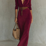 Margovil Long Sleeves Button Up Faux Suede Belted Maxi Dress