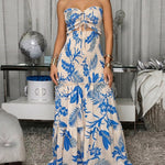 Women's Tropical Plants Print Bandeau Dress Shirred Cut Out Mermaid Maxi Dress Ruffle Hem Strapless Vacation Dress
