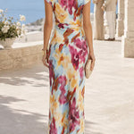 Cowl Neck Short Sleeves Tie Dye Maxi Dress