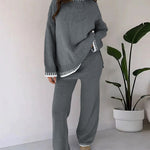 Nadorine Casual Two-Pieces Outfits Contrast Trim Knitted Jumper and Trousers Sets