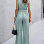 Women's Sleeveless Blazer Jumpsuit Notch Lapel Double Breasted Pleated Wide Leg Overalls Casual Shirred Jumpsuit with Belt