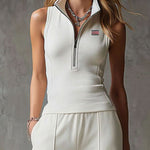 Sporty Retro White Striped Embroidered Sleeveless Vest And Wide-Leg Pants Set