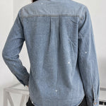 Women's Rhinestone Denim Jacket Washed Button-Down Shacket Sparkling Loose Fit Long Sleeve Casual Outerwear