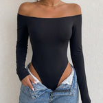 Women's Off Shoulder Bodysuit Minimalist Long Sleeve Sexy Slim Fit Bodysuit with Built-In Bra