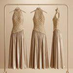 Mockneck Sleeveless Lace Splice Satin Maxi Dress