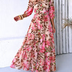 Women's Leopard Floral Print Dress V Neck Three Quarters Sleeve Ruffle Hem Dress Shirred Back A-Line Maxi Vacation Dress