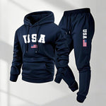 KZZ Men's USA Letter Printed Hoodie and Drawstring Sweatpants Set
