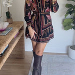 Long Sleeves Button Up Tie Waist Fioral Print Ruffle Mini Shirt Dress