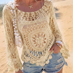 Women's Crochet Hollow Out Knit Top Batwing Sleeve Loose Cover Up Asymmetric Hem Sheer Bohemian Knitwear